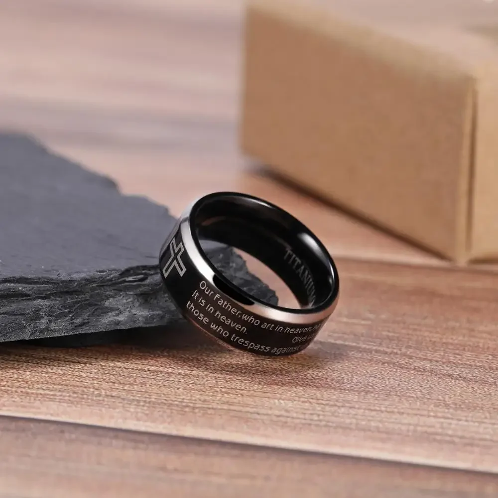 Tigrade Black Ring for Man Woman Titanium Bible Verse Cross Jesus Ring 8mm Wide English Unisex Christian Religious Size5-15