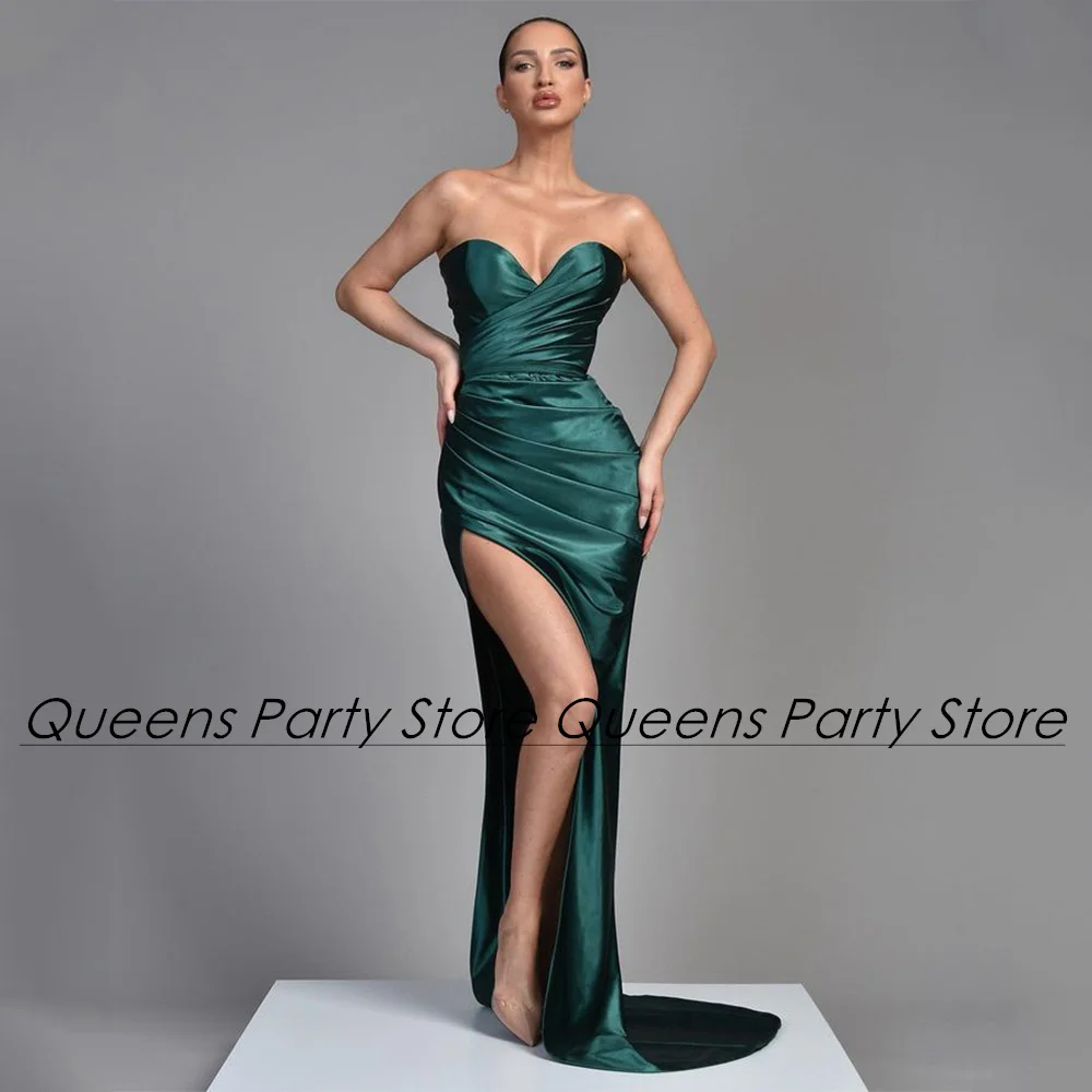 

Cheap Emerald Green Mermaid Evening Dress Sexy Sweetheart Sleeveless Pleat Ruched High Slit Wedding Party Dresses Prom Gown