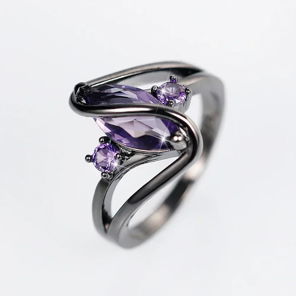 Wedding Rings Women Black Plated with Purple Marquise Cubic Zirconia Personality Gift for Party Jewelry