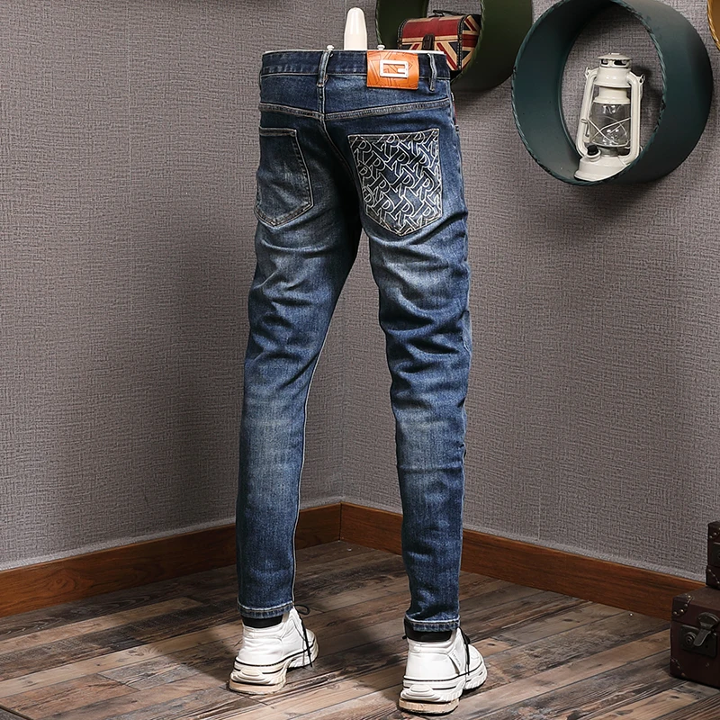 Newly Fashion Vintage Men Jeans High Quality Retro Blue Elastic Slim Ripped Jeans Men Pocket Designer Casual Denim Pants Hombre