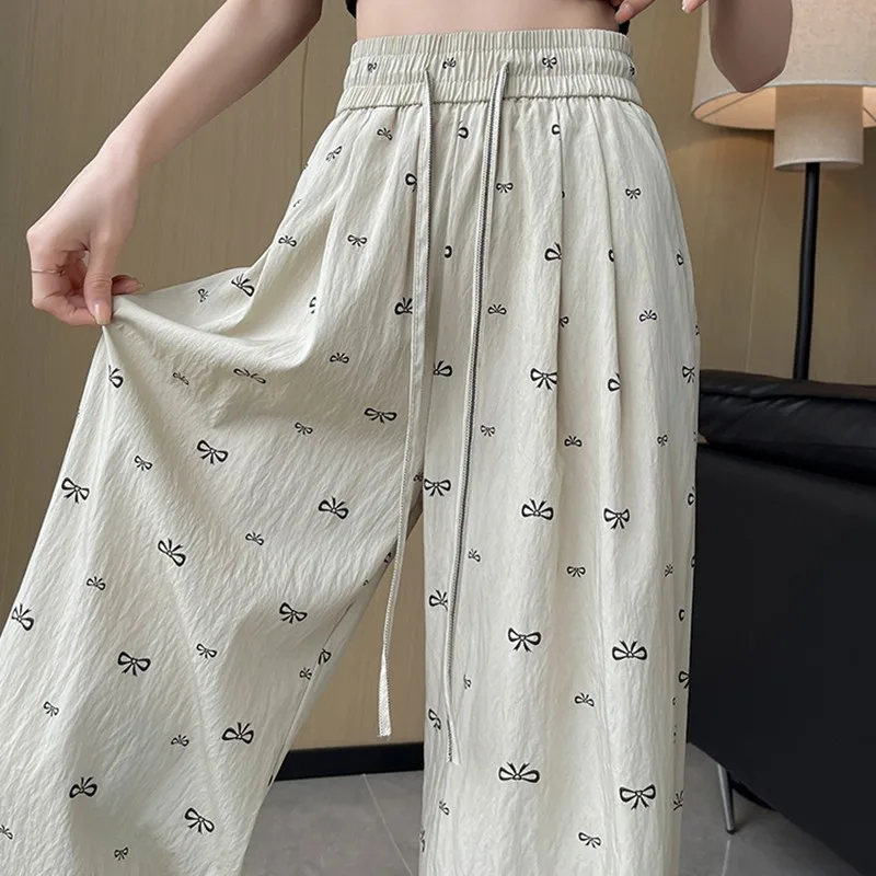 Women Summer Casual Trousers New Arrival 2024 Korean Style Bows Pattern Basics Loose Female High Waist Wide Leg Pants W1772