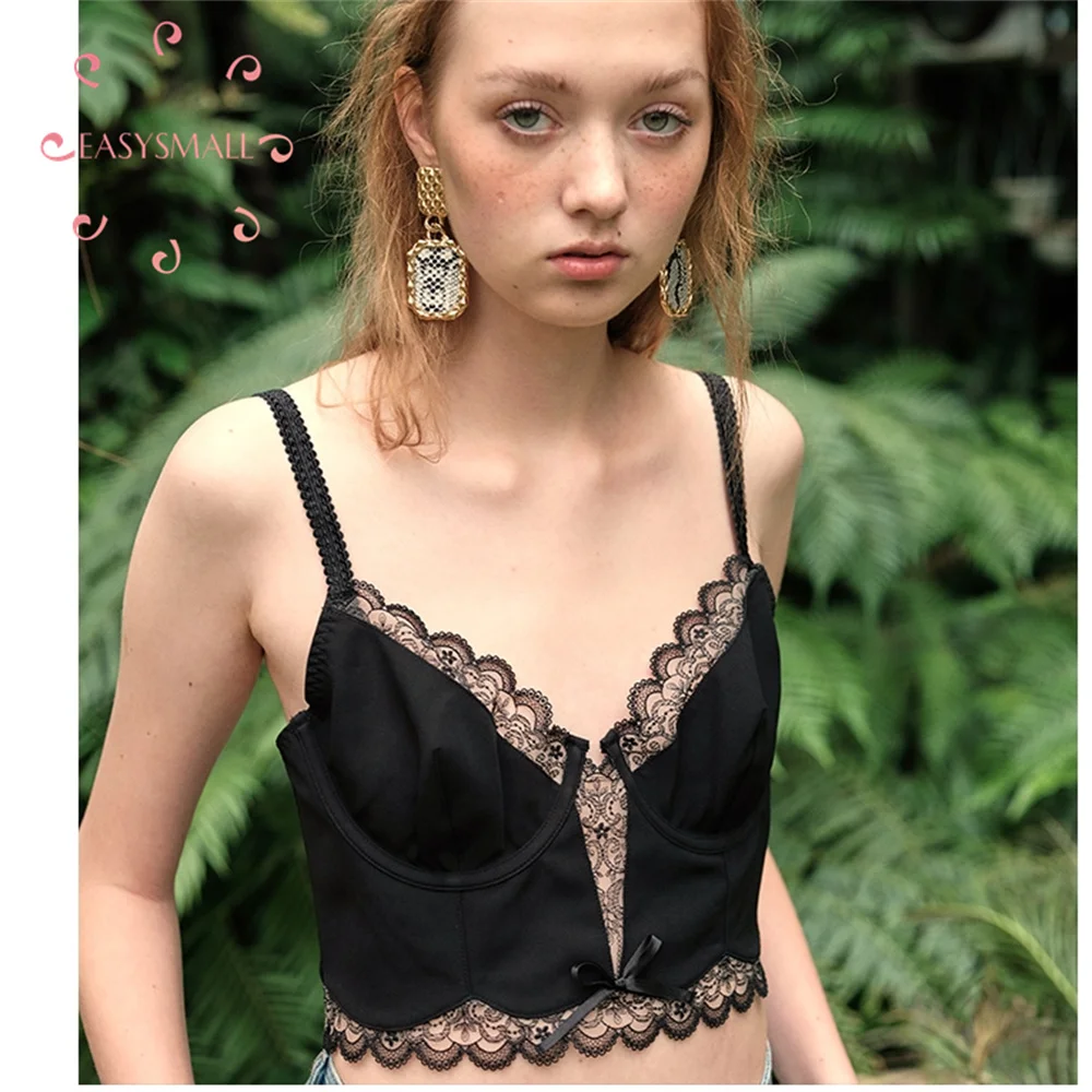 

Easysmall Forlovelemons Dark Black Spicy Girl Embroidery Sexy Lace Strap Tank Top Wear On Top O-neck Longsleeve Short T-Shirt