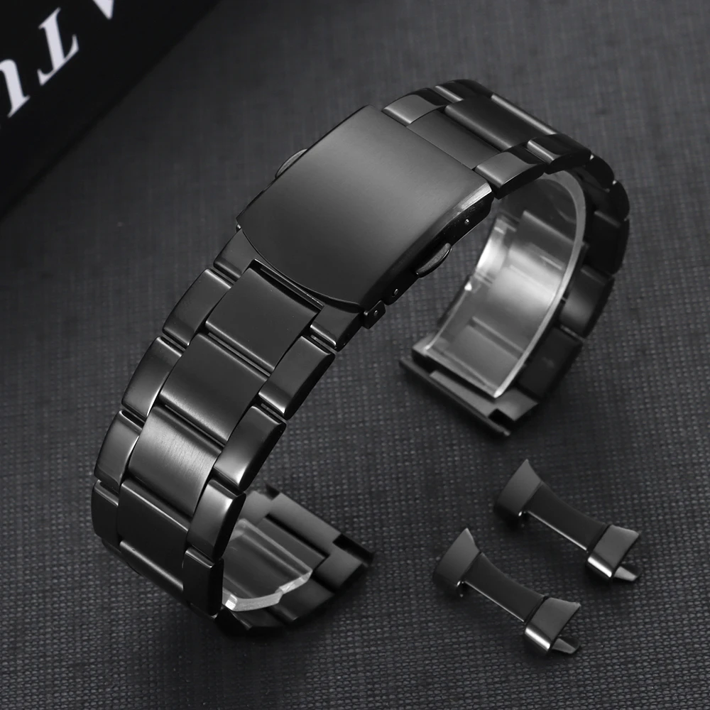 Elegant Curved End Gold Stainless Steel Watch Strap with Double Press Safety Clasp