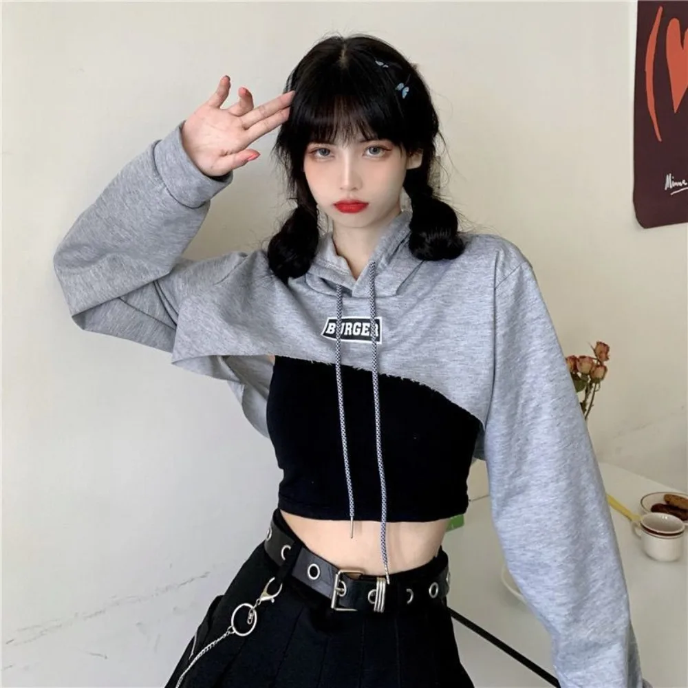 Harajuku Y2K Ultra Short Hoodie Loose Tees Long Sleeve Crop Top Hiphop Streetwear Women's T-shirt Summer