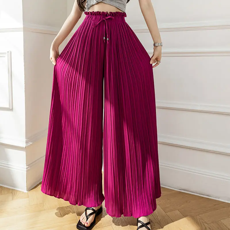 

2023 summer new High Waist women pleated pants Korean Style Women Solid Color Drawstring Design Ruffles hem Wide Leg Pants