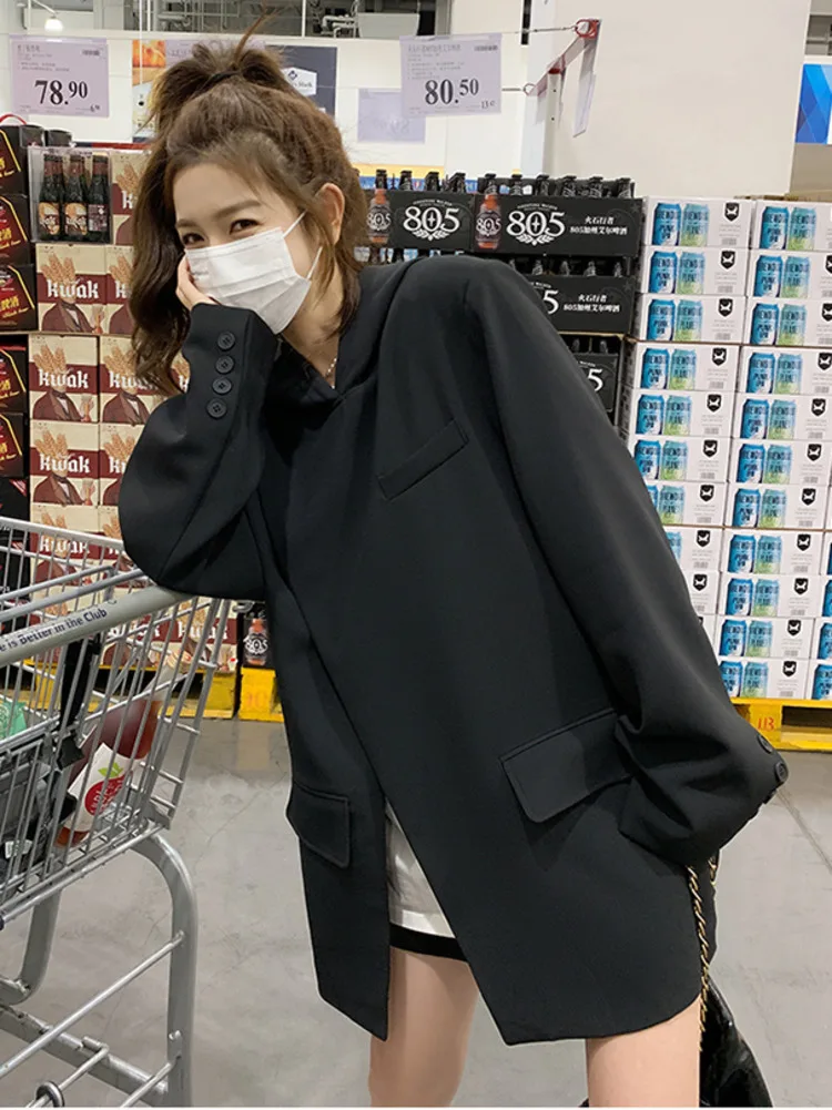 Women Black Hooded Suit Pullover Blazer Irregular Split Design Spring Autumn Korean Suit Top Loose Femme Streetwear 5