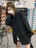 Women Black Hooded Suit Pullover Blazer Irregular Split Design Spring Autumn Korean Suit Top Loose Femme Streetwear 5