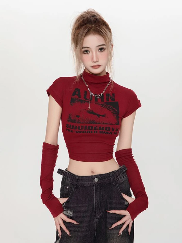 

HOUZHOU Y2k Red Tops for Women Vintage 2000s Aesthetic Kpop T-shirts Grunge Korean Long Sleeve Gyaru Streetwear Harajuku Acubi