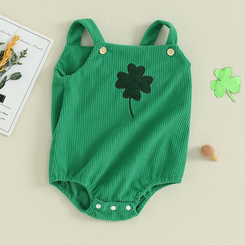 

Newborn Baby Boy Girl St Patricks Day Outfit Green Four Leaf Clover Romper Sleeveless Lucky Shamrock Bodysuit Retro Irish