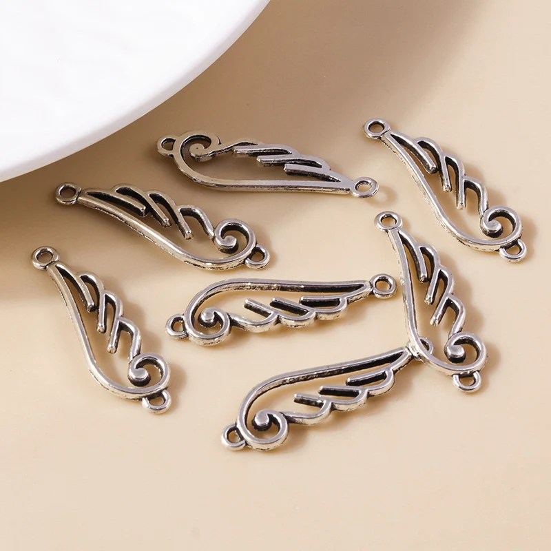 Leslie 30 Stück 32 x 9 mm Doppelloch-Silberfarben, kleine Legierung, Engelsflügel, Charms-Anhänger für DIY-Armbänder, Halsketten, Herstellung
