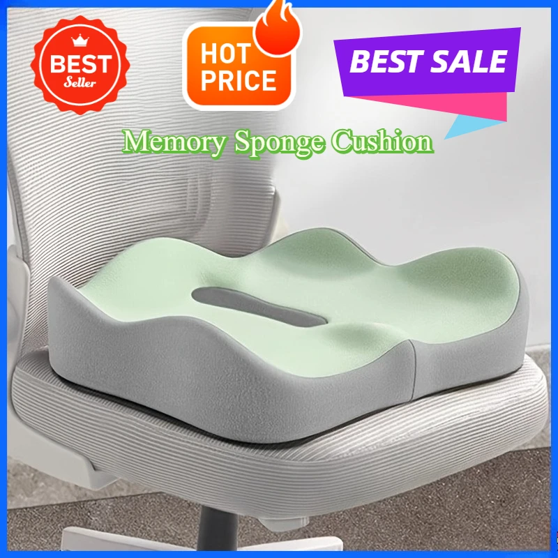 Ergonomic Memory Foam Seat Cushion - Light Green & Grey, Washable Polyester Cover