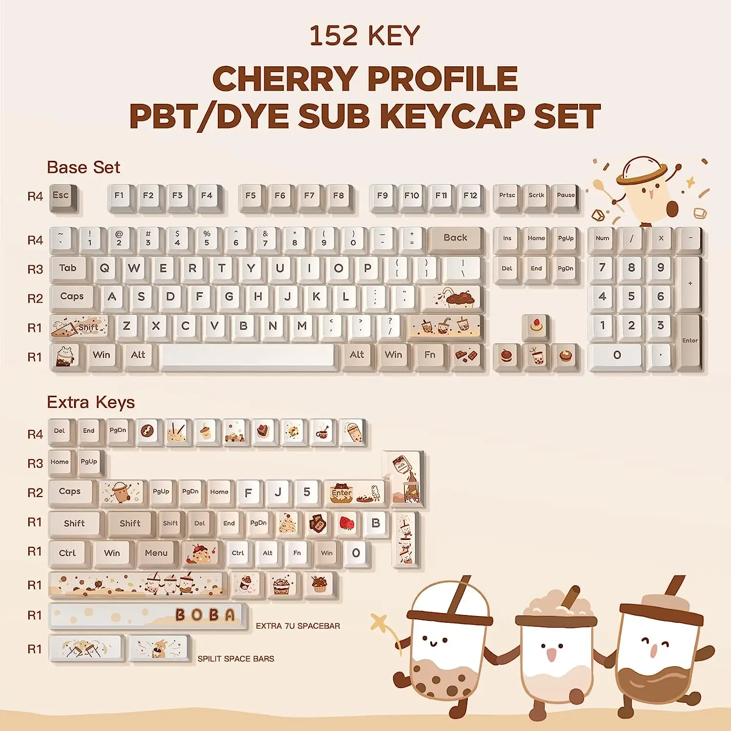

YUNZII Boba 154 Full-Keys Dye Sublimation PBT Custom Keycaps with Key Puller for Cherry Gateron MX Switches Mechanical Keyboard