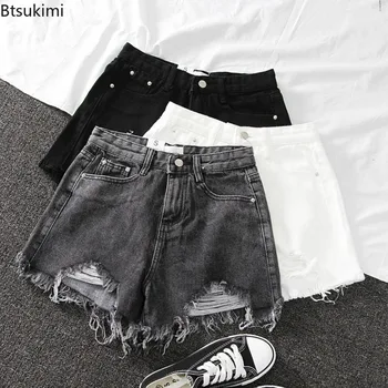 New 2025 Women's Summer Denim Shorts Solid High Waist Ripped Wide-Legged Super Short Shorts Loose Burrs A- Line Hot Pants Thin