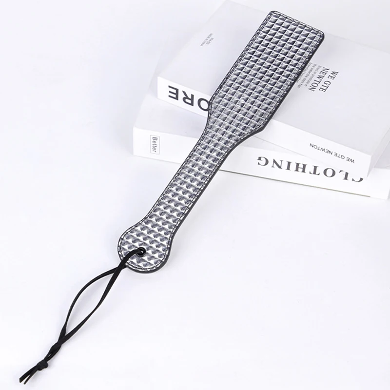 31.5cm Silvery PU Leather Paddle Riding Crops Flogger Horsewhips Grid Pattern Spikes Leather Spanking Paddle 4