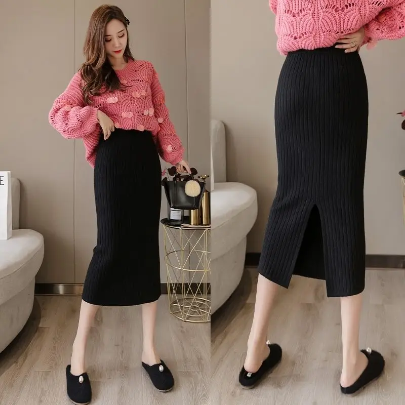 

Straight Over Knee Knitted Sweater Skirts for Women 2023 Spring Autumn Solid Elastic High Waist Elegant Fashion Skirts T460