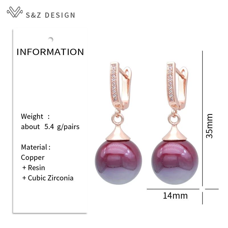 S&Z DESIGN New Fashion Elegant Wine Red Round Beads Dangle Earrings For Women Wedding Party 585 Rose Gold Color Jewelry Gift