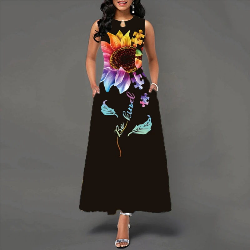 

Summer New Women Long Dress Short Sleeved Dacron V-neck Printing Loose Fitting Casual Fashion