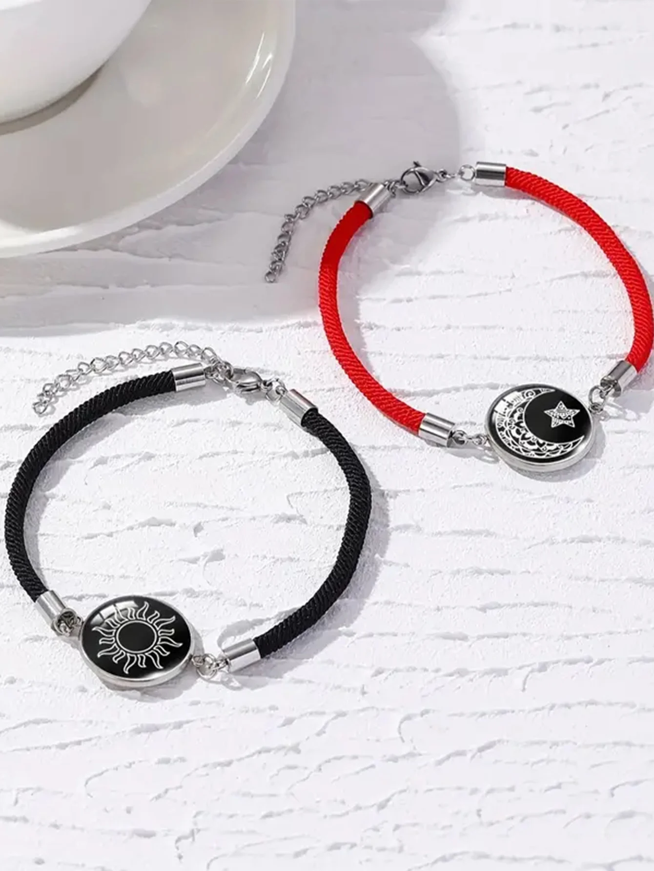 2Pcs Fashion romantic Sun and moon lovers stainless steel luminous gemstone woven bracelet Valentine's Day couple bracelet