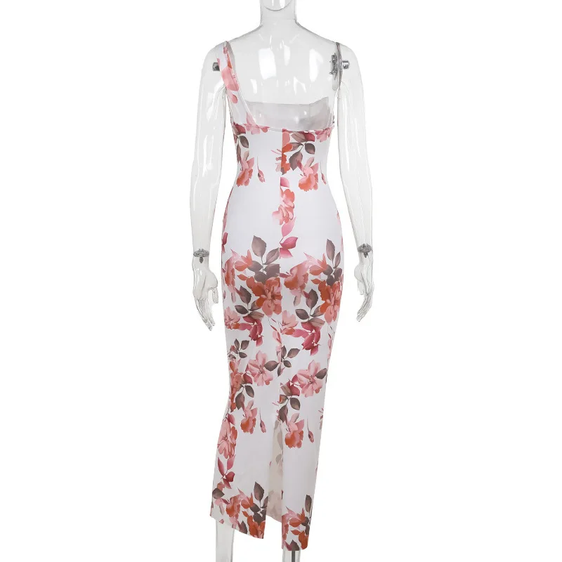 Vestido midi sexy con estampado de un solo hombro para mujer, vestido largo ajustado sin mangas con espalda descubierta y hombros descubiertos para fiesta y club.