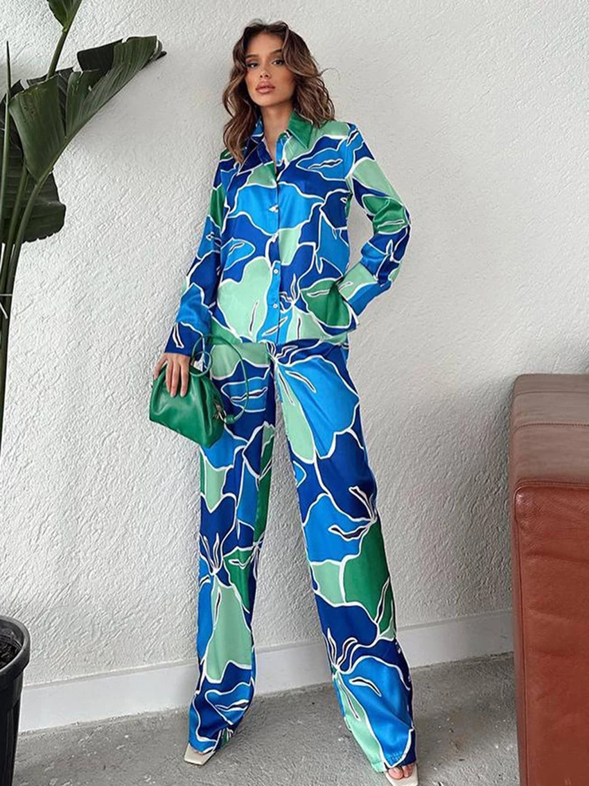 Marthaqiqi Loose Women'S Pajama Set Turn-Down Collar Sleepwear Long Sleeve Nightgowns Wide Leg Pants Casual Femme Nightwear Suit