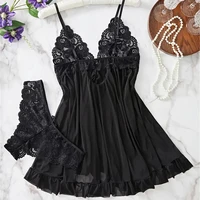 Ensemble de Lingerie en dentelle contrastée bleue, garniture à volants, chemise de nuit transparente pour femmes, Mini robe en V profond et string, sous-vêtements 6