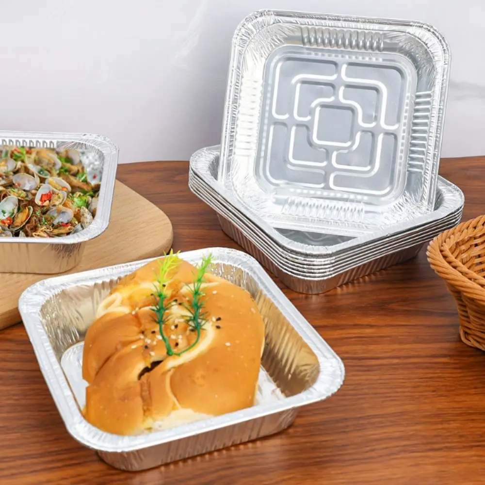 10Pcs 6/7/8 Inch Food Tin Foil Tray Reusable Oil-resistant Aluminum Foil Box Portable Oven BBQ Baking Tools Air Fryer Tray