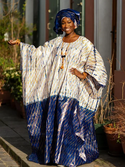 White And Blue Nigeria Women Traditional Wedding Boubou With Sacrf