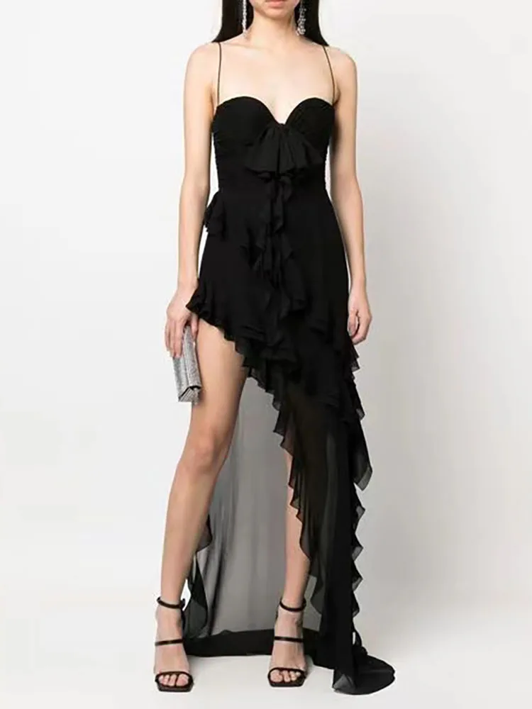 

y2k summer asymmetric ruffle sleeveless sling Dresses2023 fashion sexy breast slimming age-defying chic and elegant woman dress