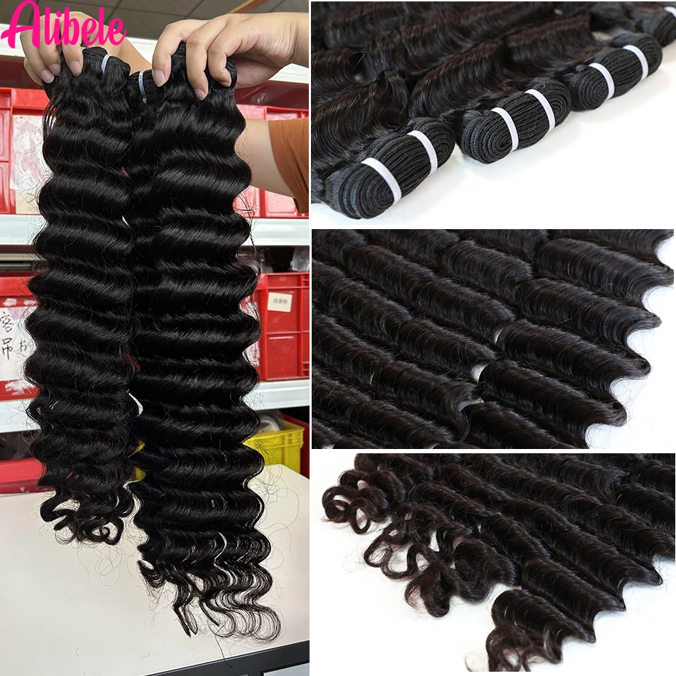 Human Hair Weave Bundles Alibele 12A Grade Loose Deep Wave Bundles Human Hair Deals Malaysia Virgin Hair Loose Curly Weave Bundles Natural Black Color