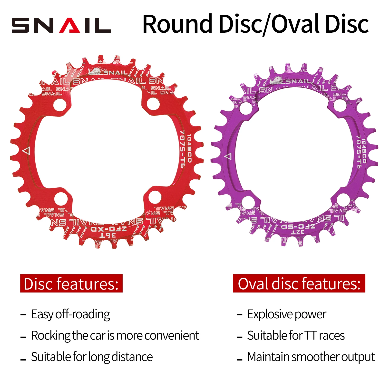 Bike Chainring SNAIL 104BCD/96BCD Bicycle Chainwheel Wide and Narrow Teeth 32T/34T/36T/38T Round /oval Disc Single Chainring For Shimao/SRAM
