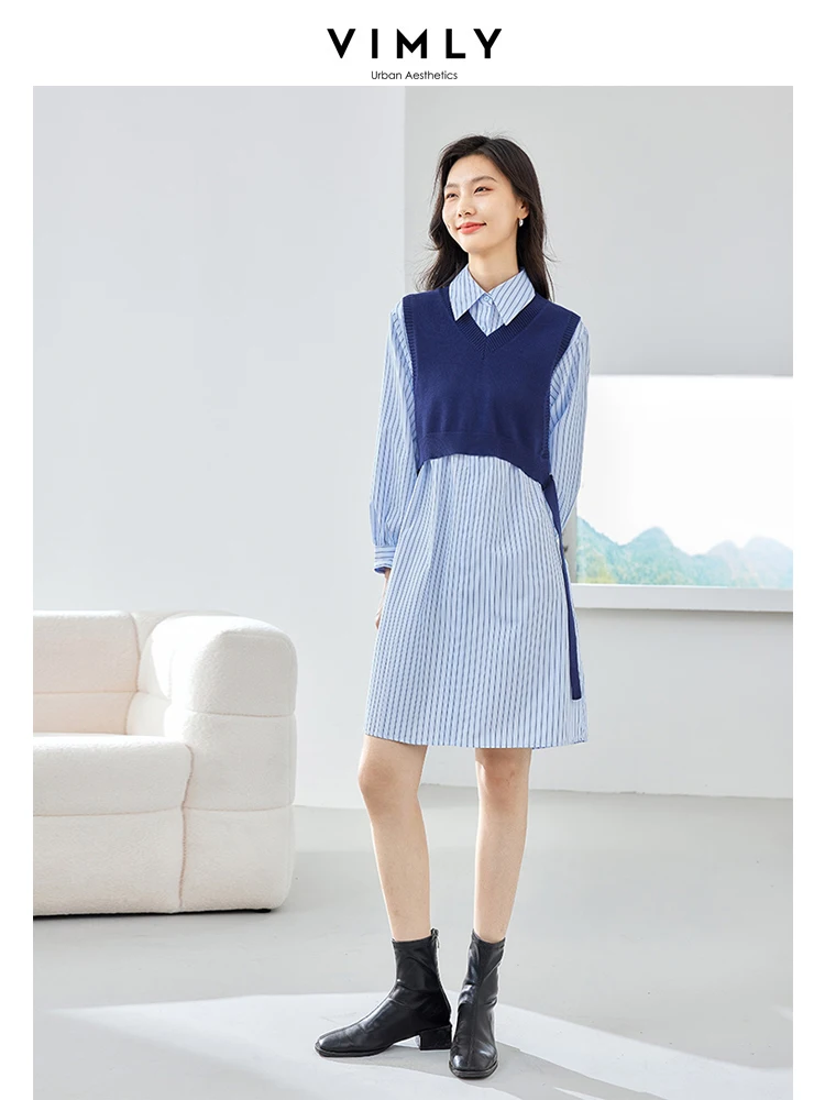 Vimly Autumn 2 Piece Sets Women Outfit Fall 2023 Fashion Woman Clothing Knitted Vest Blue Stripe Shirt Dress Women's Suits M2985