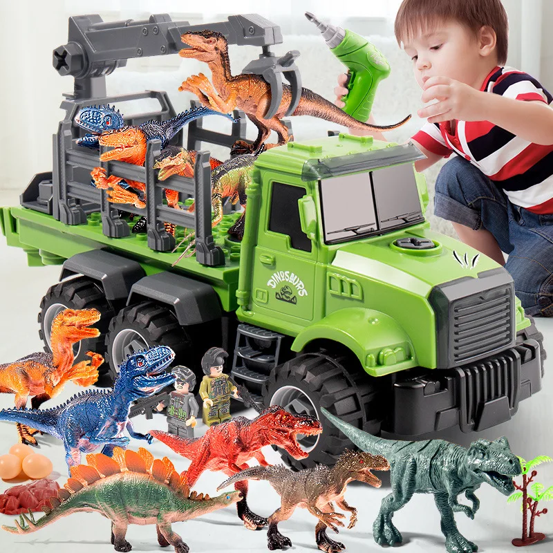 Oversize 2-IN-1 DIY Dinosaur Transporter Sound &Light Tyrannosaurus Electric Drill Assembly Inertia Truck Children's Toy Gift