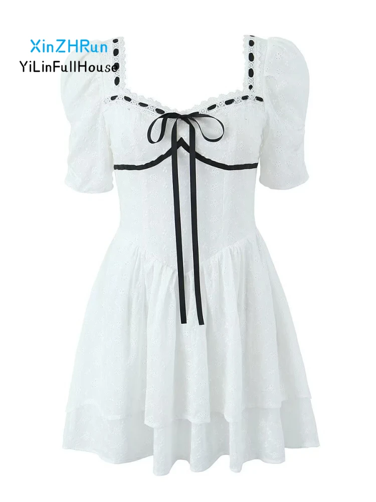 

2024 Summer Women Fashion Elegant Square Neck Folded Sleeve Lace Hollow French Vintage Flower Embroidery High Waist Sexy Dress