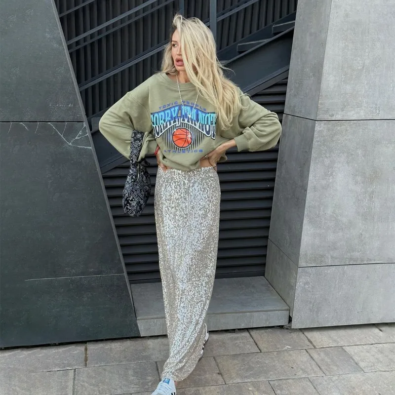 

Fashion Gothic Sequin Skirt for Women Clothing Nightclub Streetwear Y2k Sexy All-match Long Length Skirts Solid Women's Skirt