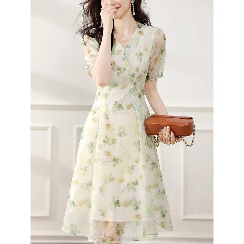 

Elegant V-Neck Printed Folds Bandage Puff Sleeve Floral Dress Women's Clothing 2024 Summer New Loose Office Lady Party Dress