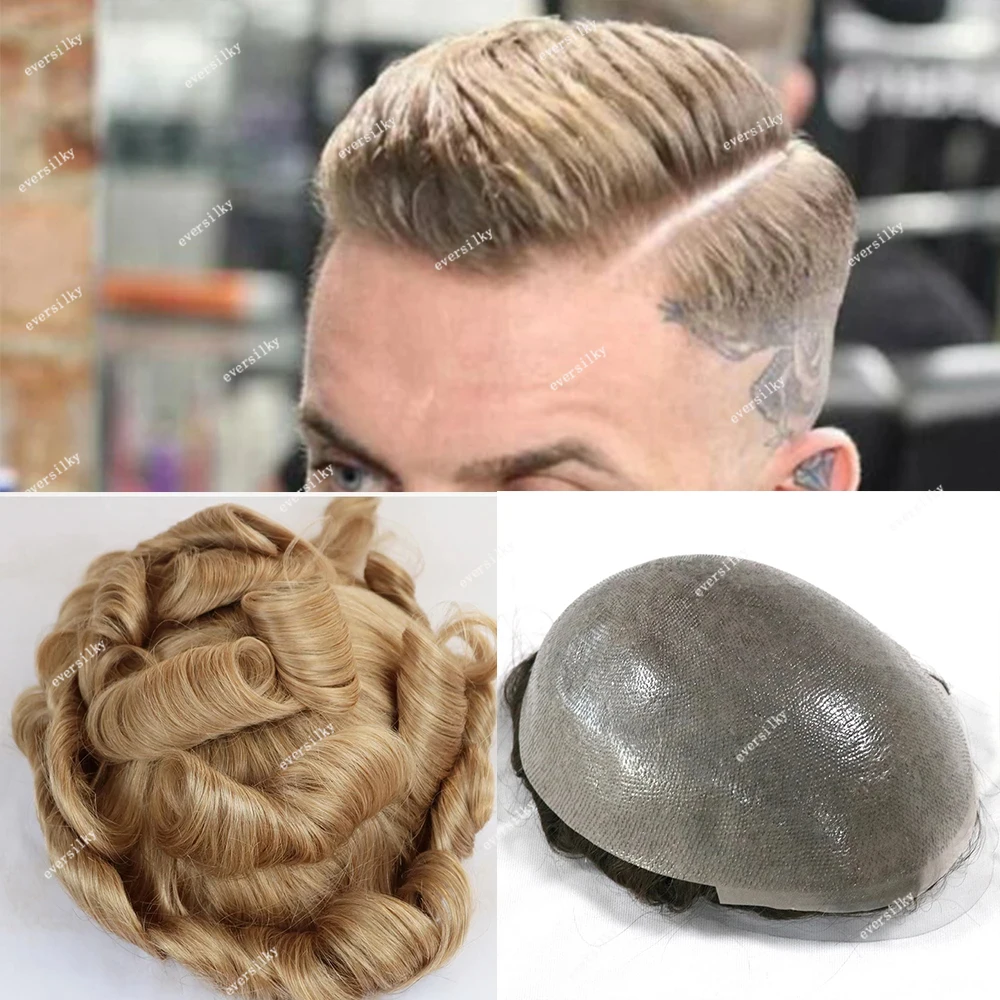 Super Thin 0.02-0.03mm Skin Men\'s Toupee Natural Hairline Male Vlooped Grey Black 100% Human Hair Replacement System Capillary