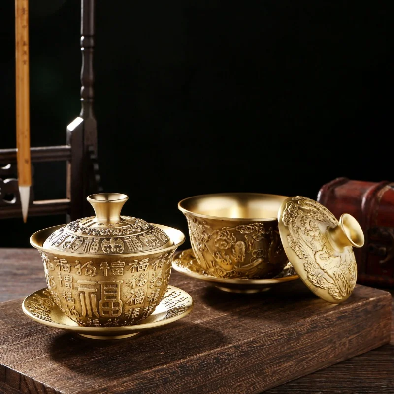 

Латунная чайная чаша Baifu, набор из трех предметов для поклонения, чашка для воды, чайная чашка, гостиная, Классический домашний чайный набор, Античная Медная посуда, Orname