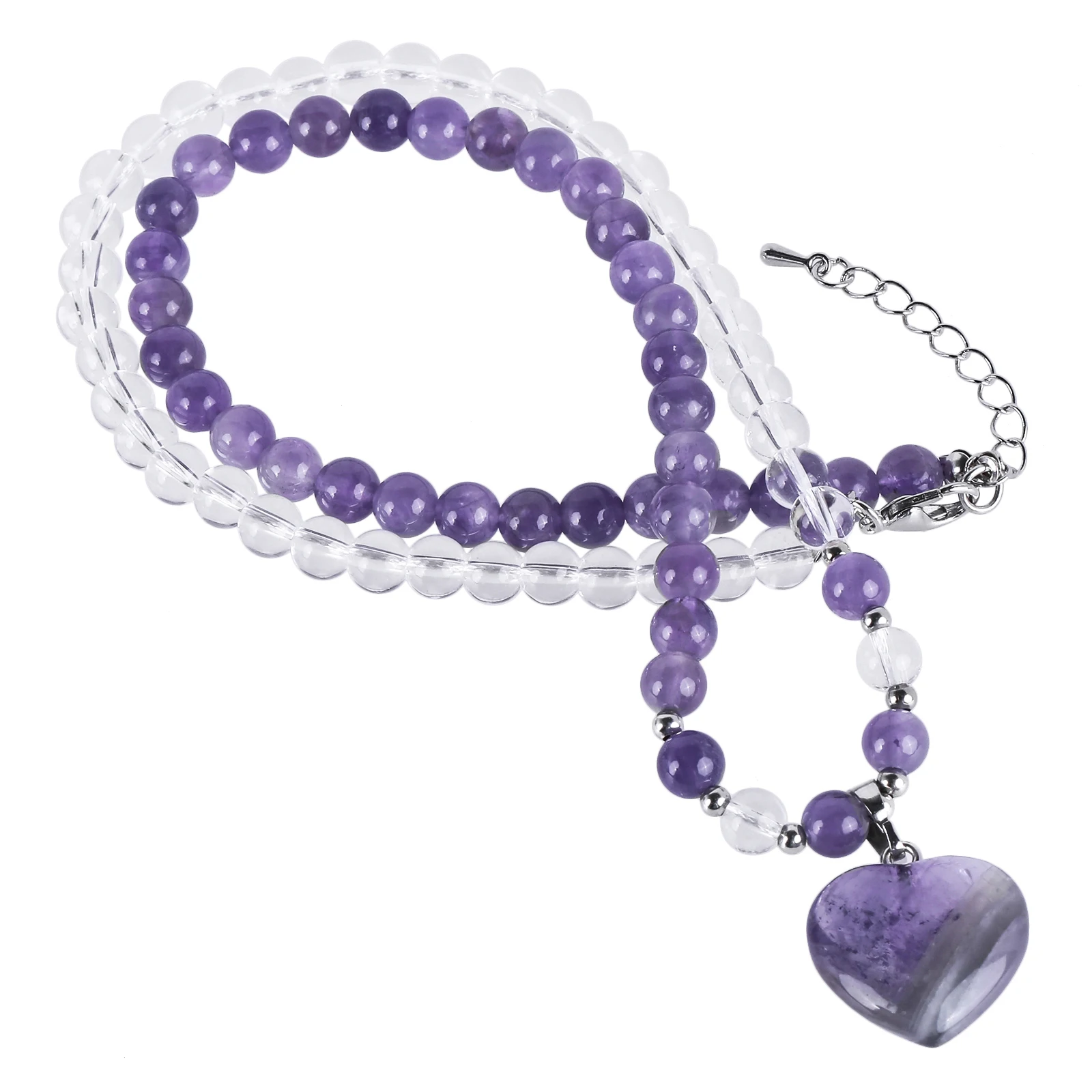 

Natural Round Crystal Stone Beads Bicolor Necklace With Love Heart Shaped Stone Pendant For Women Jewelry Couple Gift