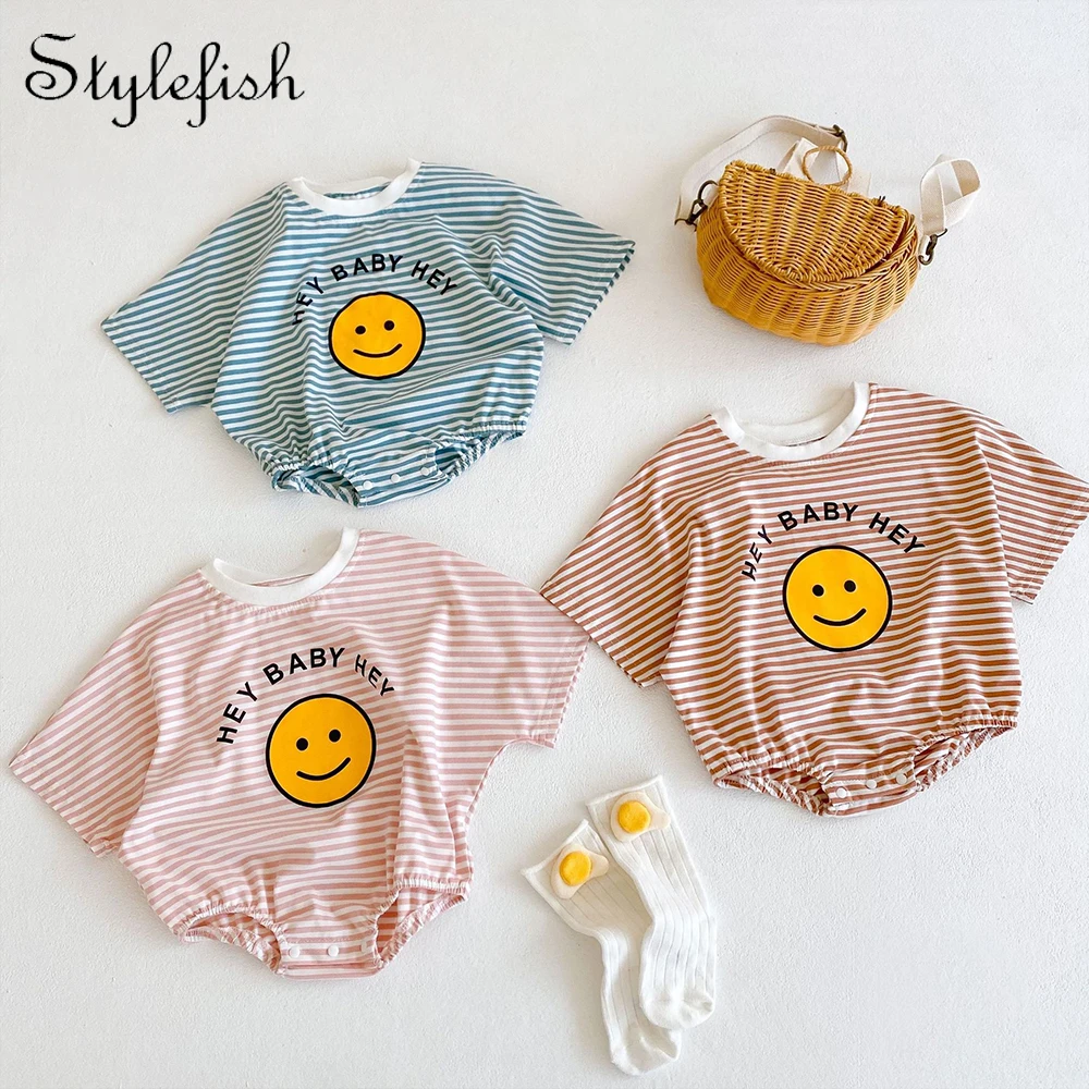 

Летний детский комбинезон, детское боди в полоску, мужское и женское хлопковое детское корейское платье с коротким рукавом и принтом улыбающегося лица