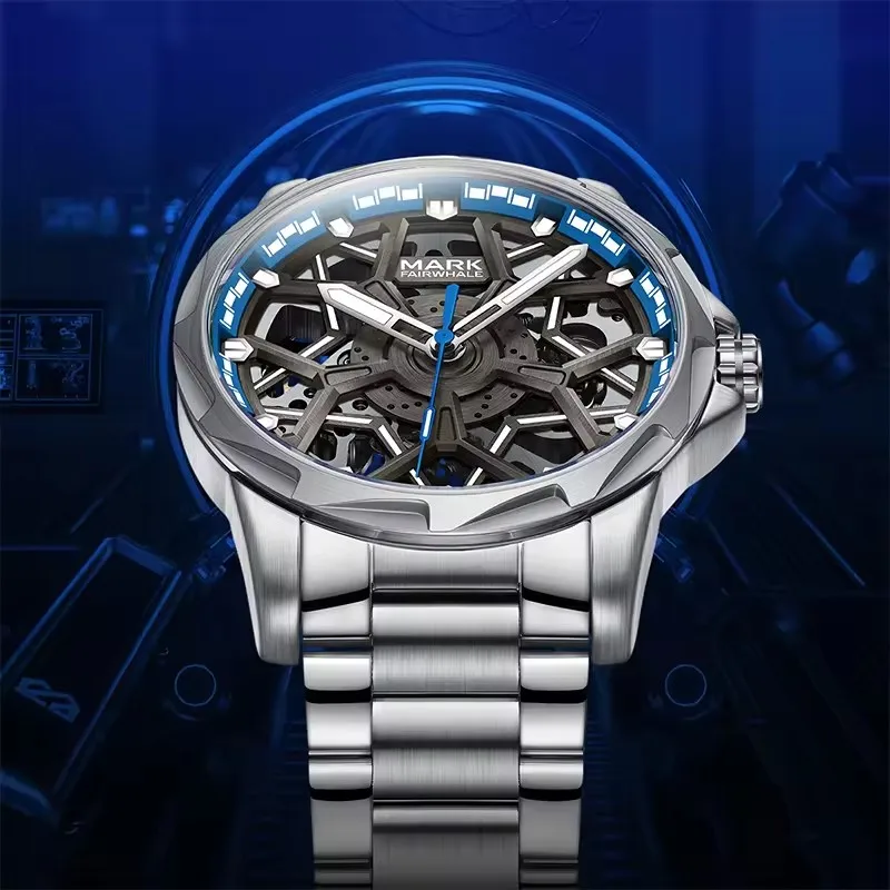 

New Skeleton Watch Men Fashion Stainless Steel High Quality Relojes Pentagram Dial Toubillon Automatic Mechanical Wrist Watches