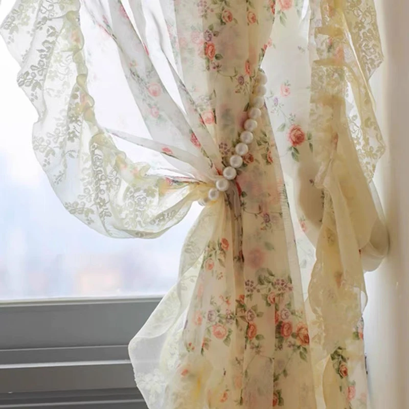 Idyllic French Rural Flowers Window Tulle Curtains for Living Room Korean Floral Ruffled Waves Side Curtains for Kitchen #A536 4
