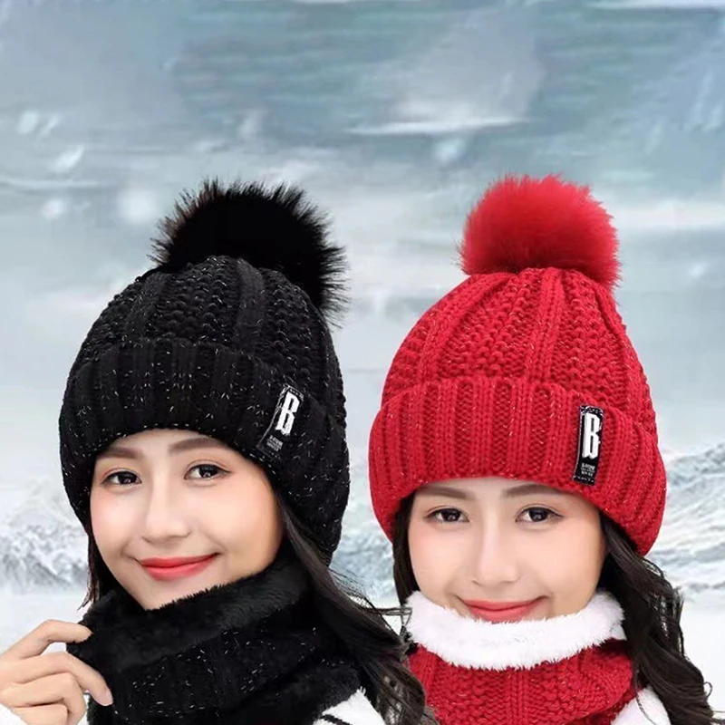 

Winter Knitted Scarf Hat Set Thick Warm Skullies Beanies Hats For Women Solid Outdoor Snow Riding Ski Bonnet Caps Girl