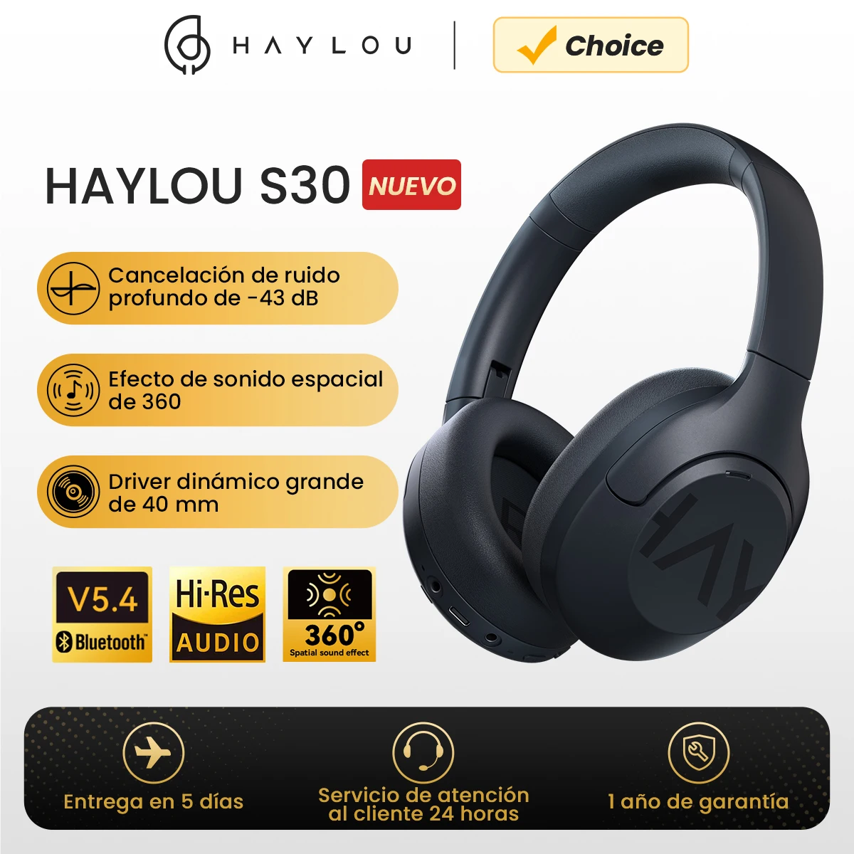 HAYLOU auriculares inalámbricos S30 con Bluetooth 5,4, 43dB dispositivo de audio adaptable con cancelación de ruido, controlador dinámico de 40mm, 80H de tiempo de reproducción