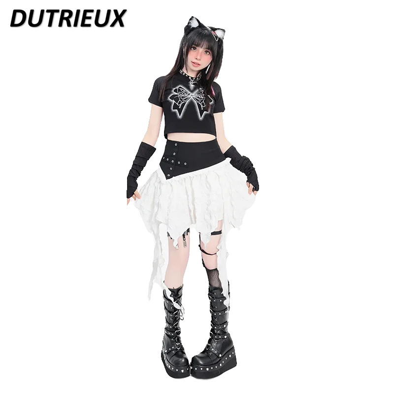 Punk Style Black and White Color Matching High Waist Short Skirt Sweet Cute Girls Wild Ruffled Tassel Irregular Mini Skirts