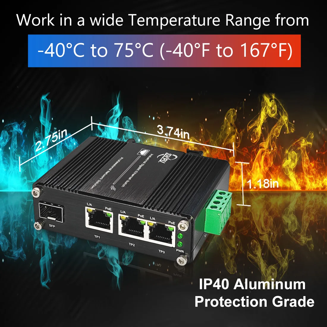 3 Ports Mini Industrial Gigabit Ethernet Switch 10/100/1000Mbps RJ45, 100/1000Base-X SFP Port Din Rail Network Switch