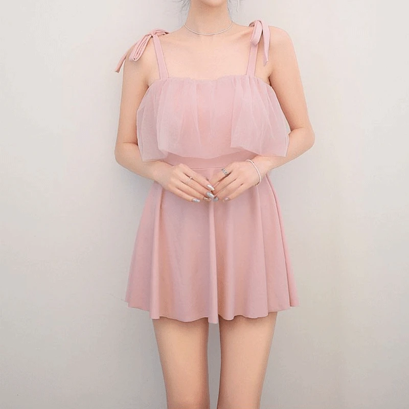 2023 New Conjoined Conservatism Thin Cute Japanese Casual Solid Color Girl Pink Spliced Lace With Chest Pad Youth Style Swimwear