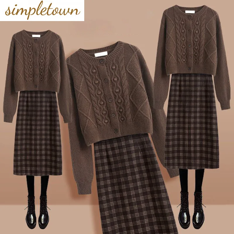 Autumn New Vintage Knitted Sweater Cardigan Plaid Spliced Half Skirt Two Piece Elegant Women's Party Dress Winter Outfits