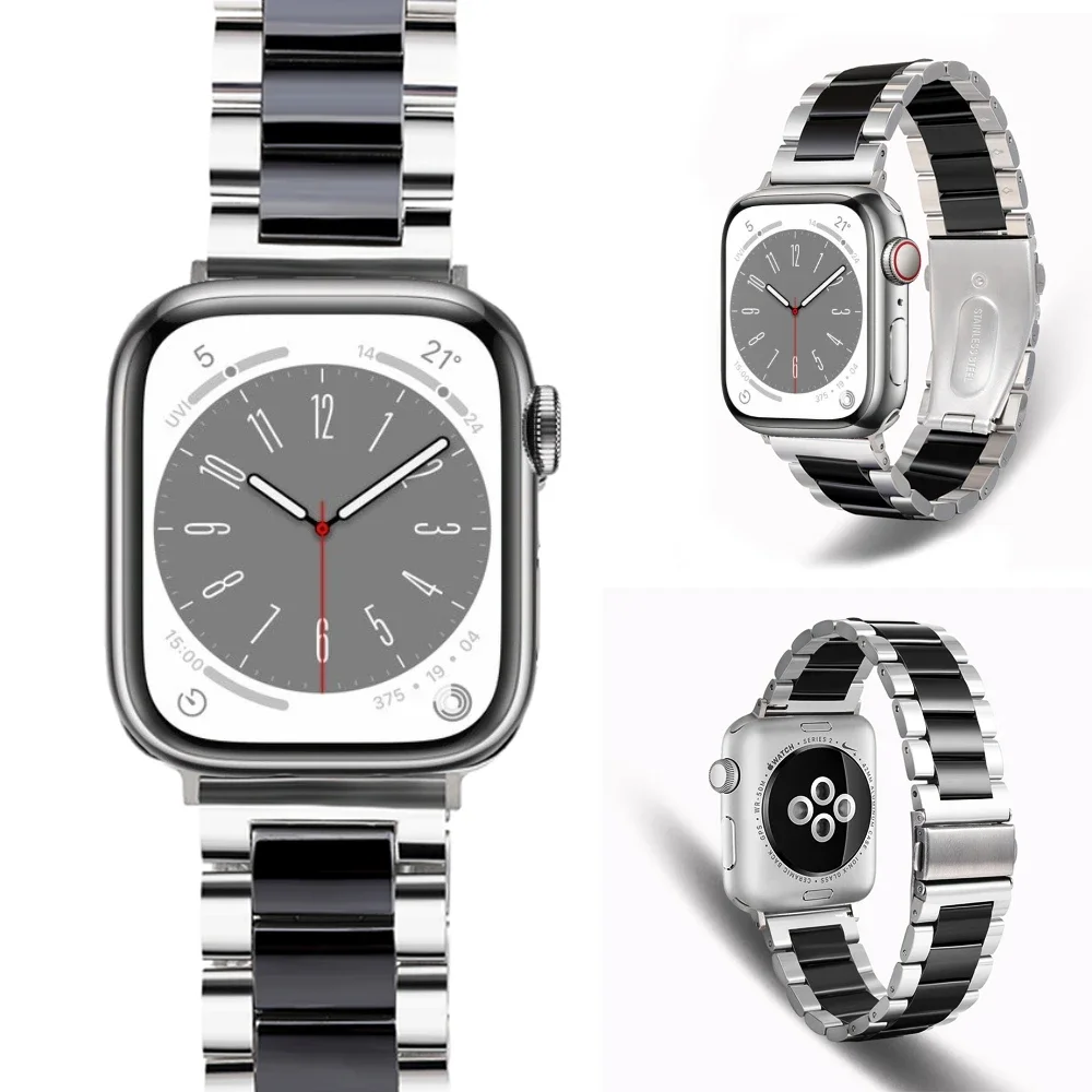 Metal+Ceramic Strap for Apple Watch 49mm 45mm 44mm 42mm 41mm 40mm Stainless Steel Bracelet Belt iWatch Ultra 9 8 7 6 5 4 SE Band