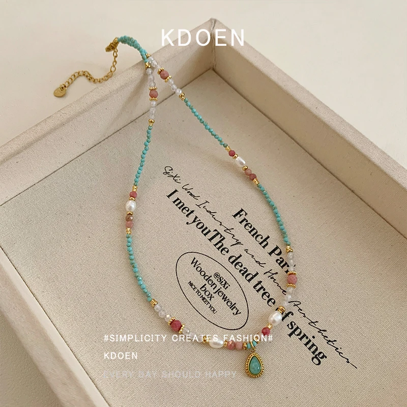 Elegant Water Droplet Pendant Necklace with Natural Stone and Pearl Bead Chain