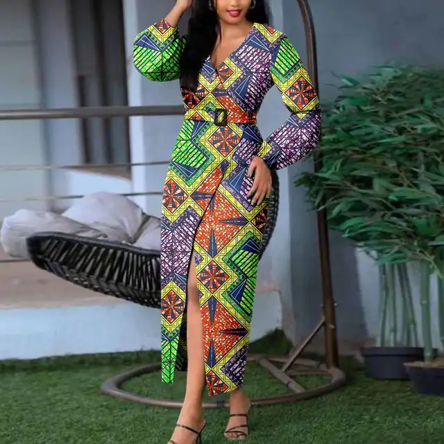 Amaka V-neck Long Sleeve Front Slit Print Dress